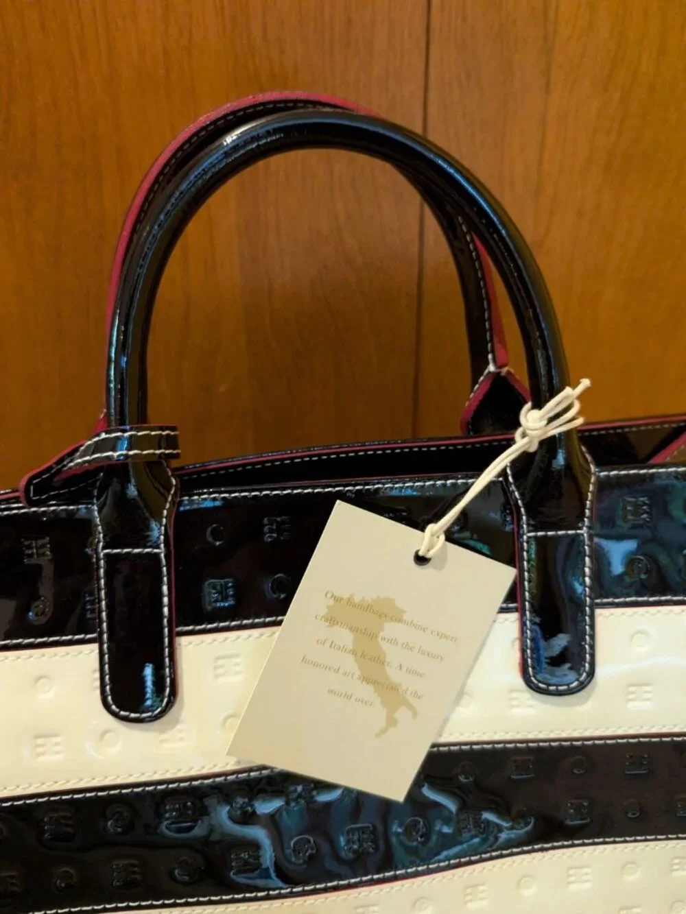 Arcadia Black White Colorblock Stripe Patent Leather Medium Satchel Nwt